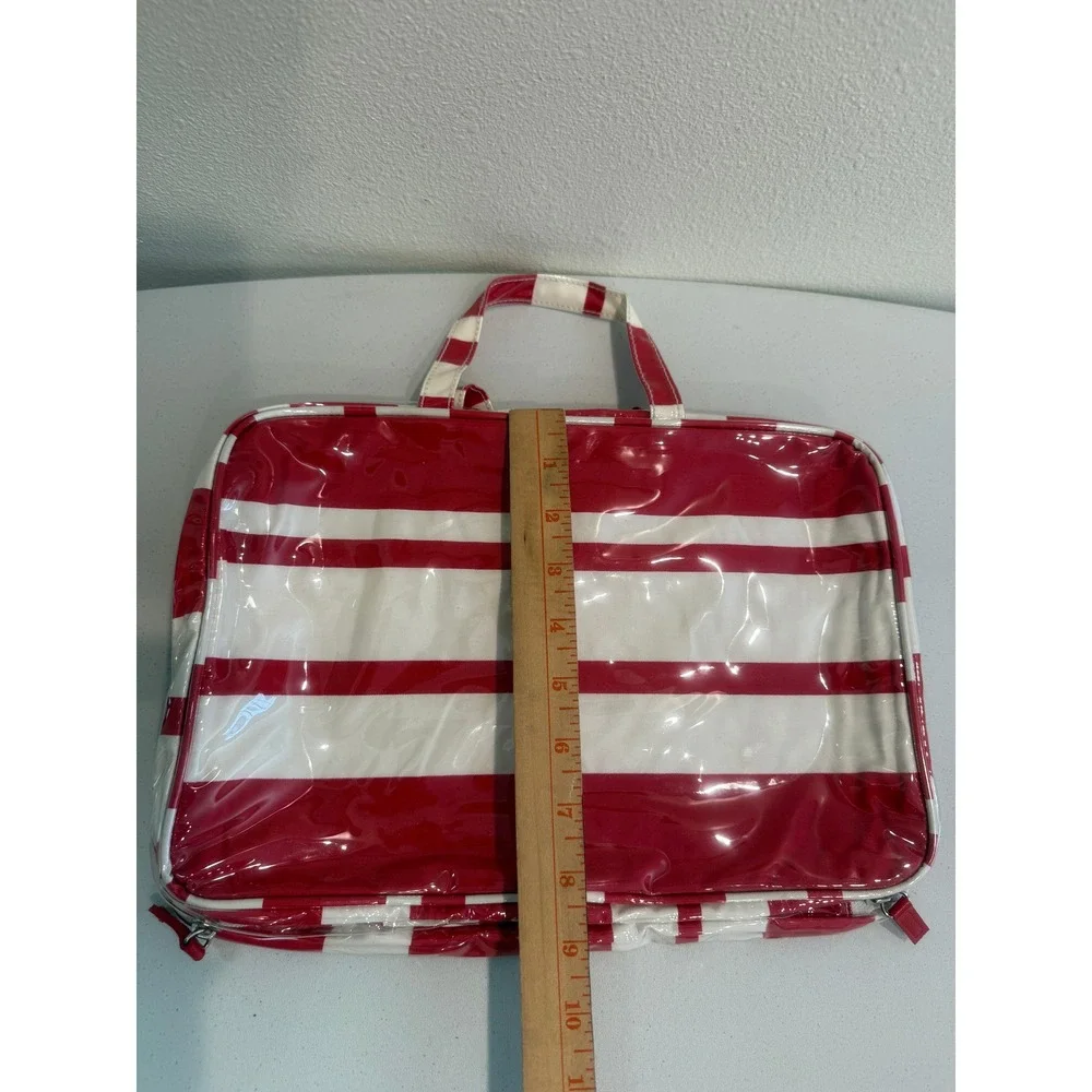 Red White Striped Cosmetic Travel Bag Glossy Patent Organizer Case Zippered